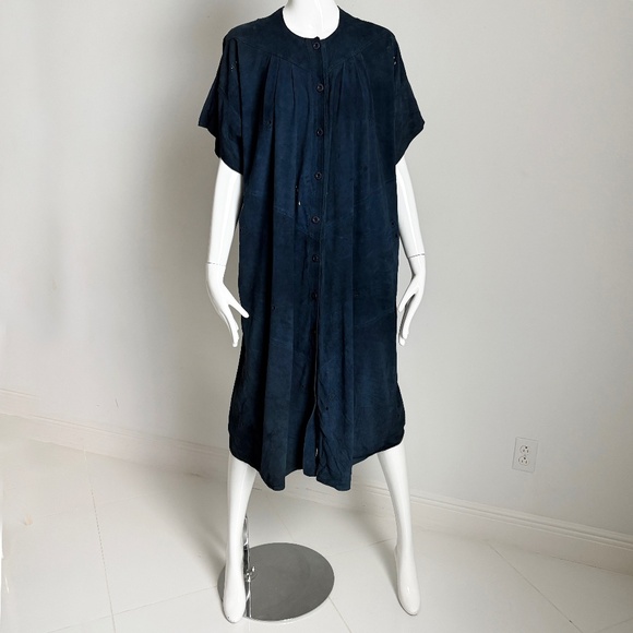 Vintage Jean Muir Blue Punched Suede Leather Coat Dress Rare England Sz 10 - Picture 5 of 14